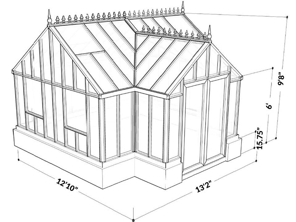 EOS T-shaped Royal Antique Victorian 13x13 greenhouse dimension drawing