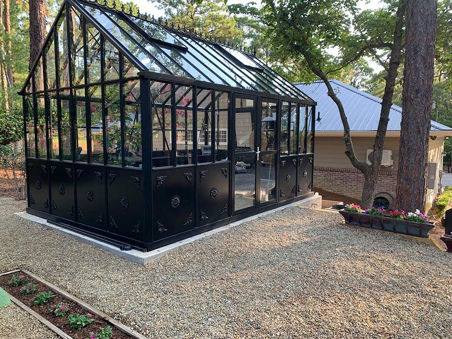 Side view of the black Retro Royal Victorian greenhouse